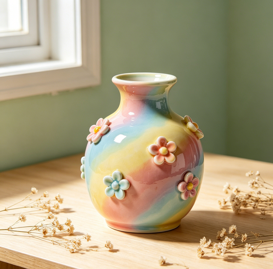 Handmade 3D Floral Rainbow Glaze Ceramic Vase
