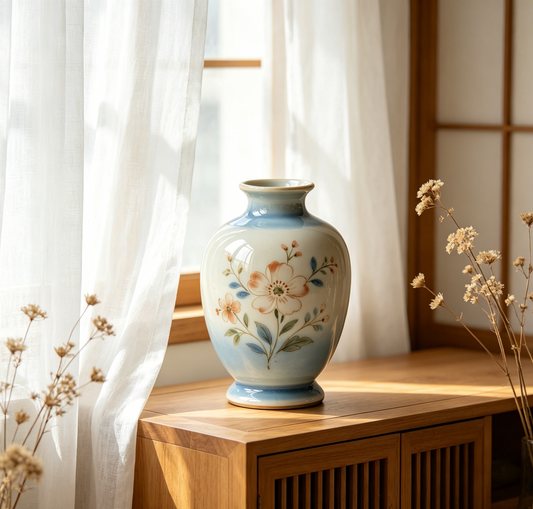 Gradient Blue Hand-Painted Floral Ceramic Vase