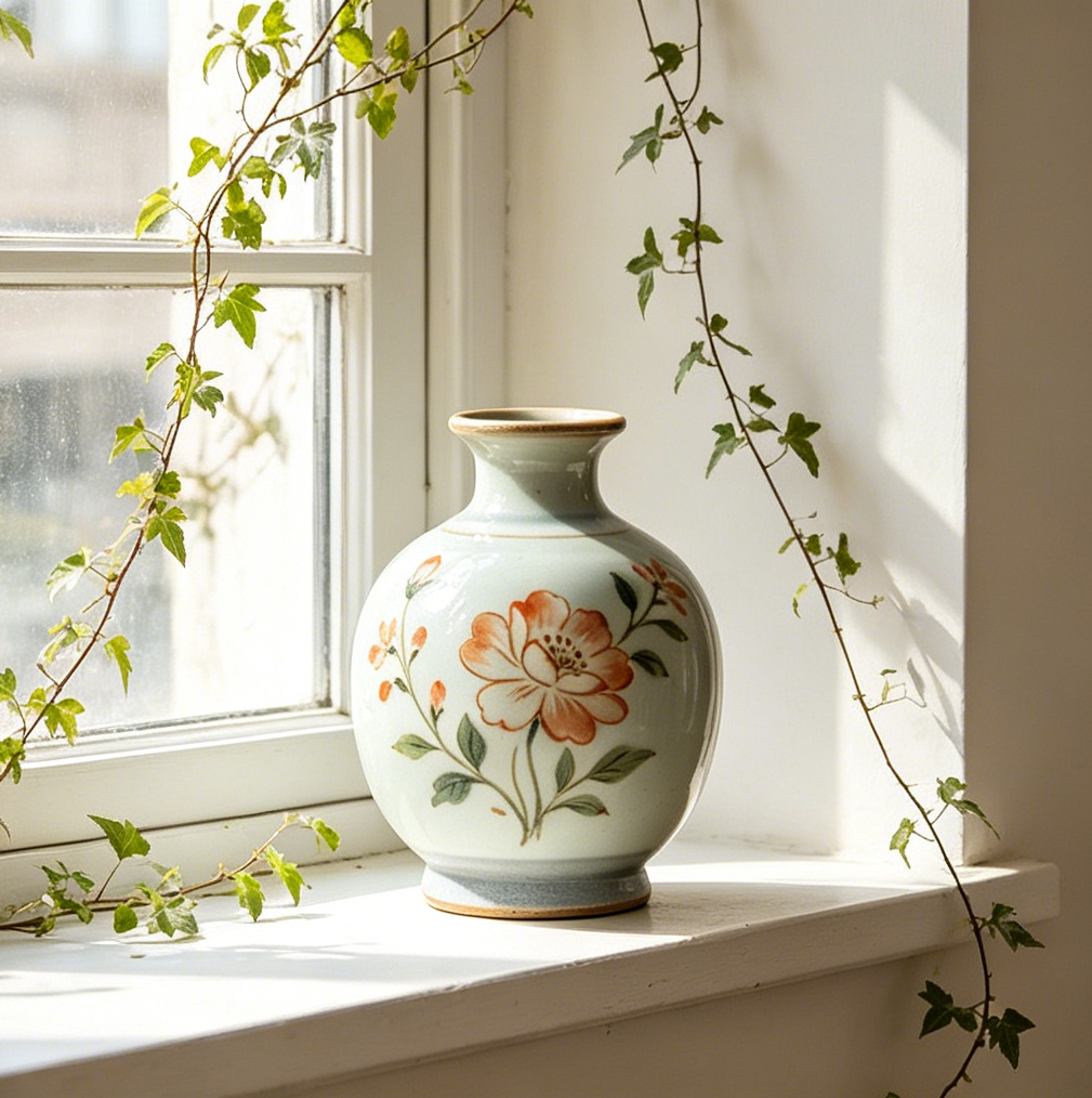 Vintage Hand Painted Floral Celadon Ceramic Vase