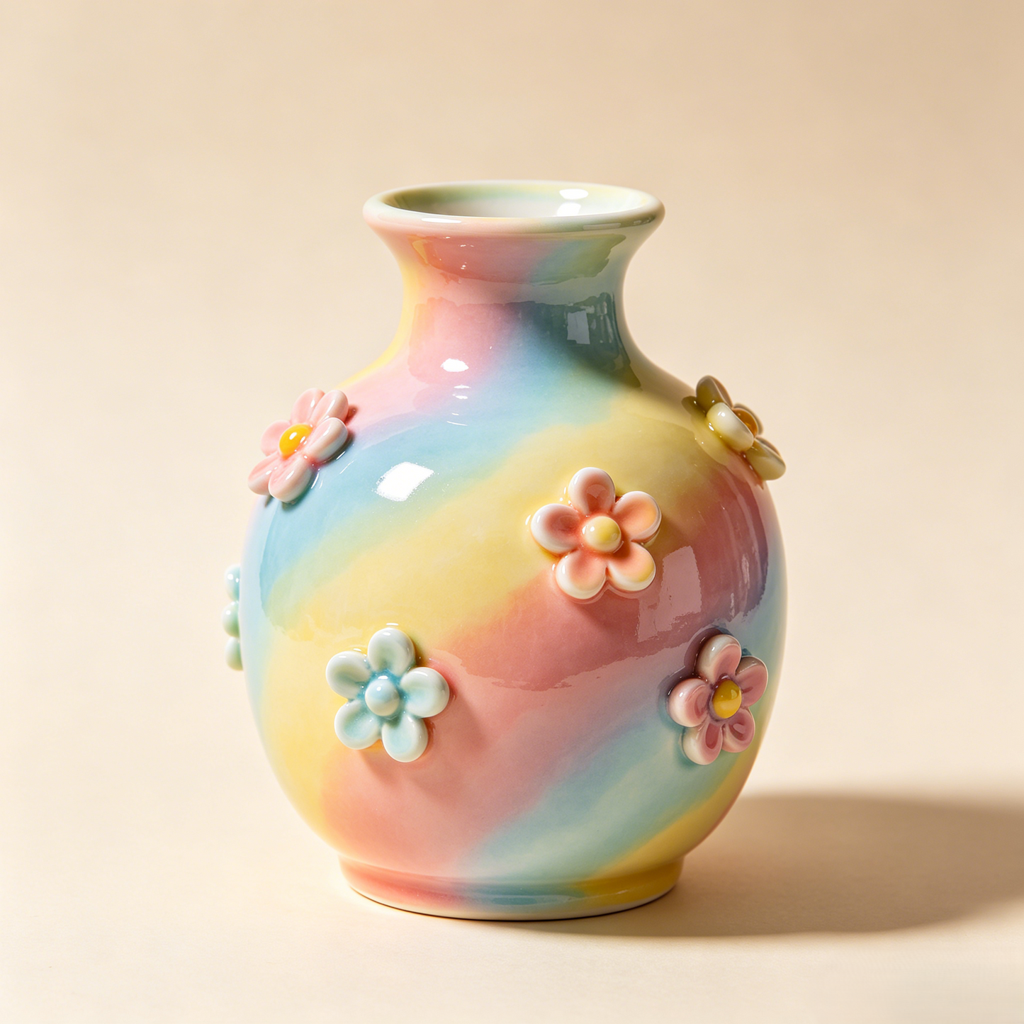 Handmade 3D Floral Rainbow Glaze Ceramic Vase