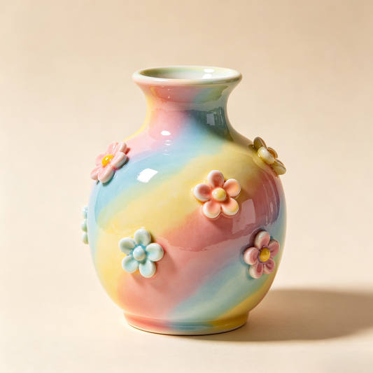 Handmade 3D Floral Rainbow Glaze Ceramic Vase
