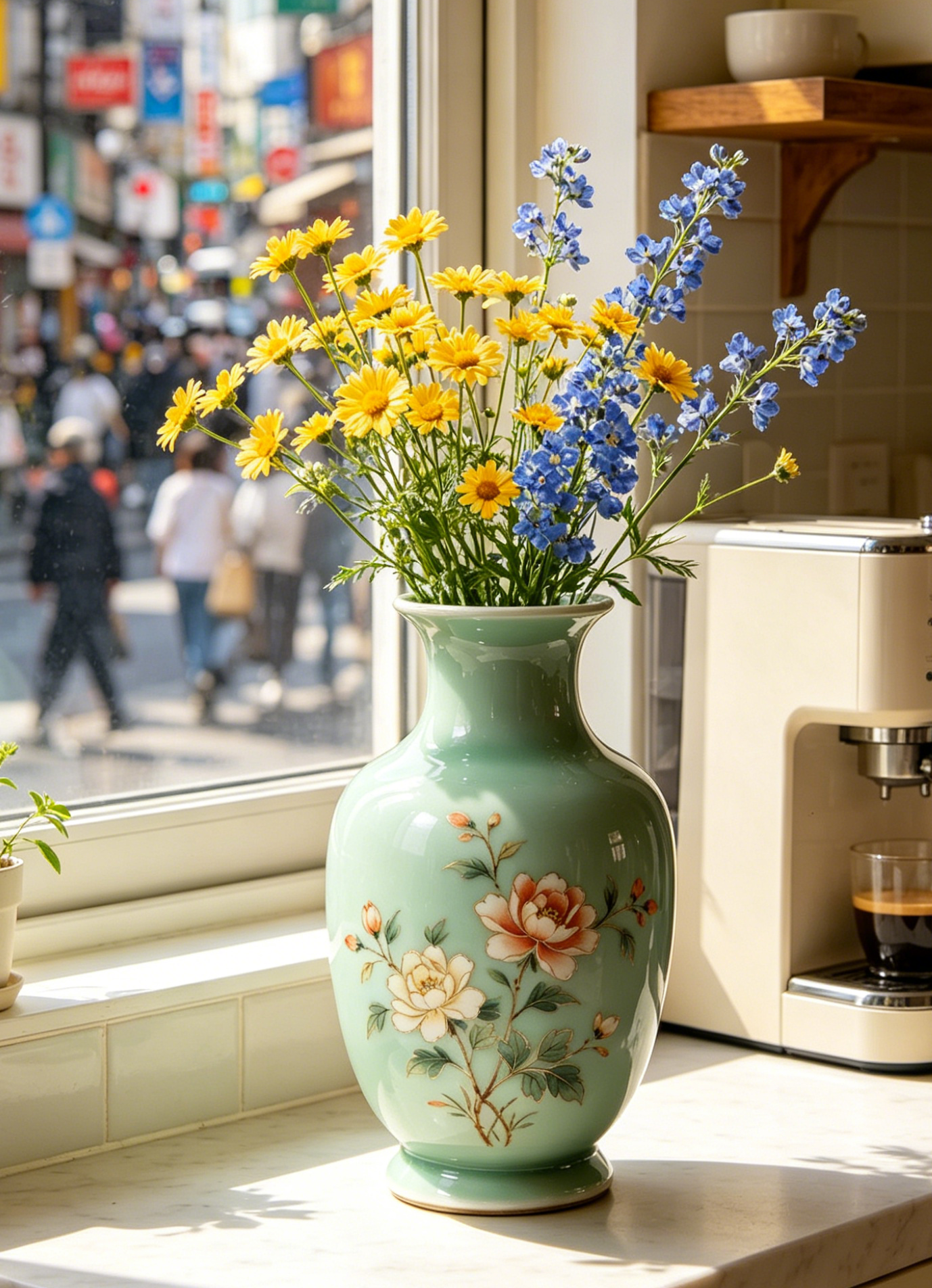 Celadon Hand-Painted Peony Ceramic Vase