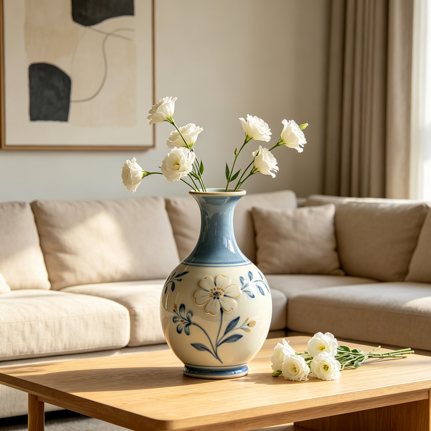 Blue & White Embossed Floral Ceramic Vase