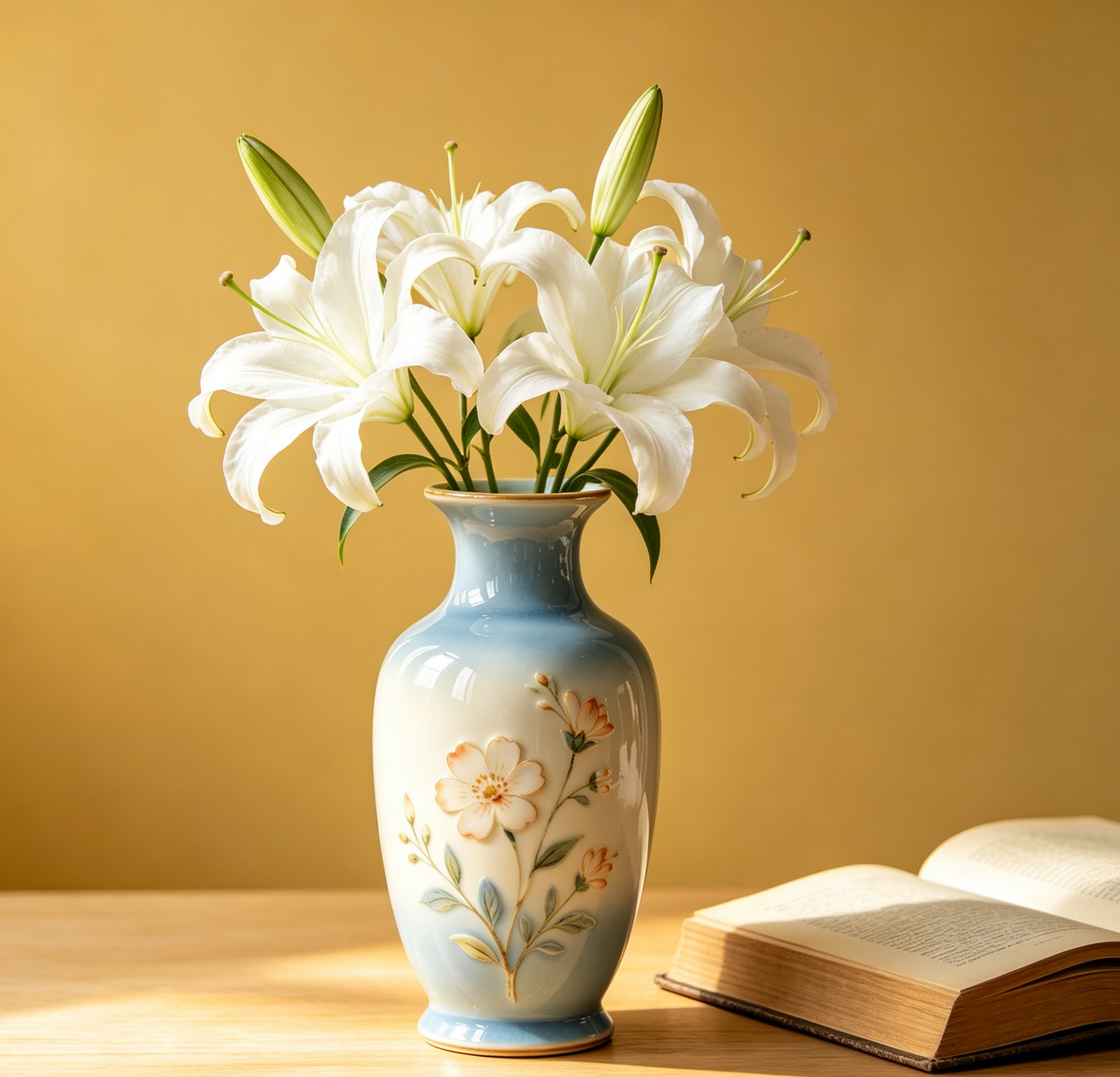 Gradient Blue Embossed Floral Ceramic Vase