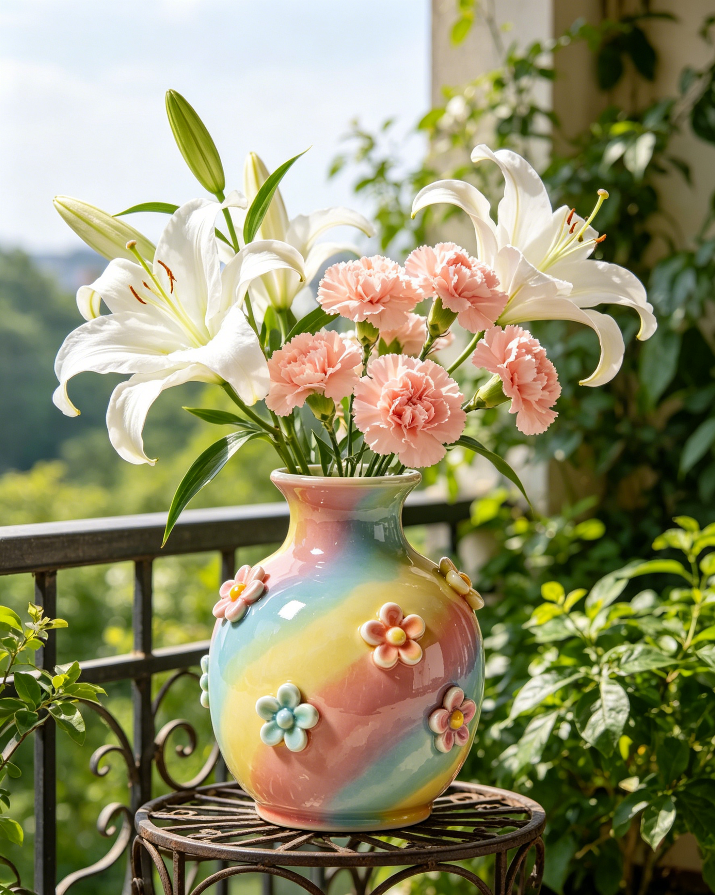 Handmade 3D Floral Rainbow Glaze Ceramic Vase