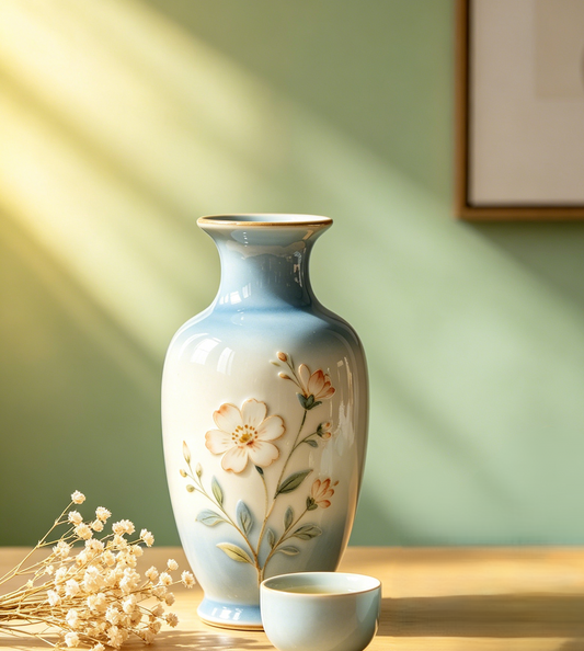 Gradient Blue Embossed Floral Ceramic Vase