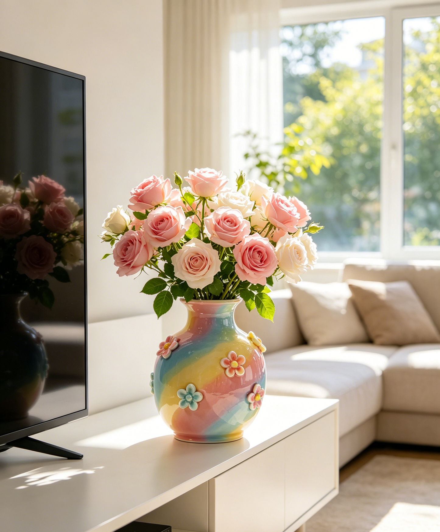 Handmade 3D Floral Rainbow Glaze Ceramic Vase