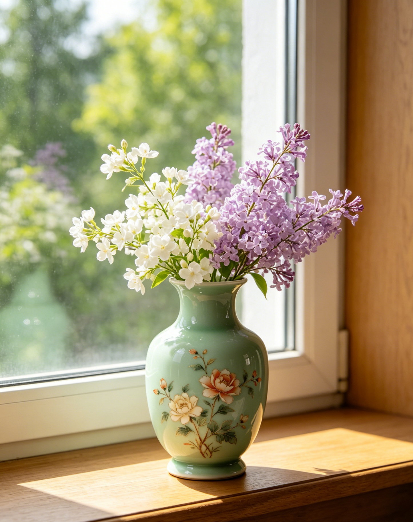 Celadon Hand-Painted Peony Ceramic Vase