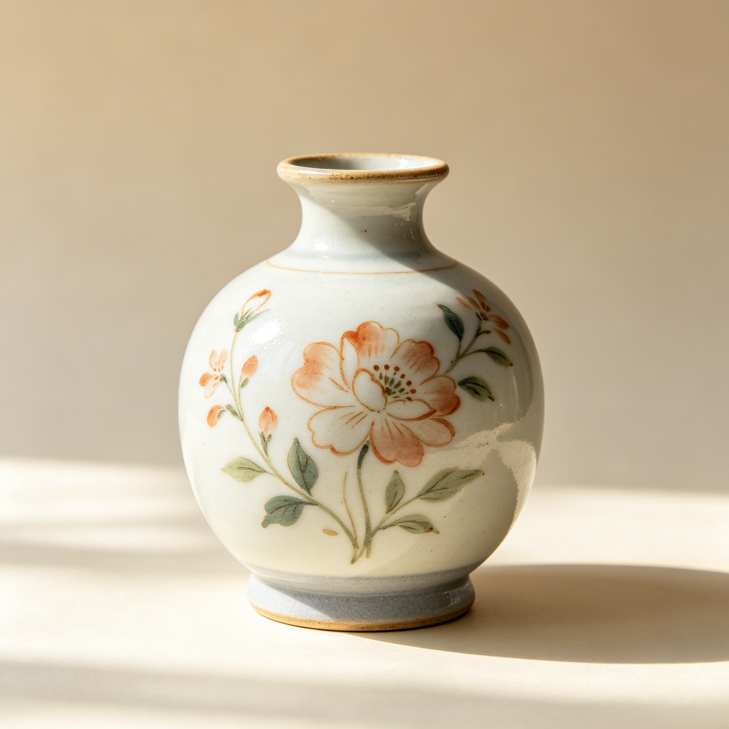 Vintage Hand Painted Floral Celadon Ceramic Vase