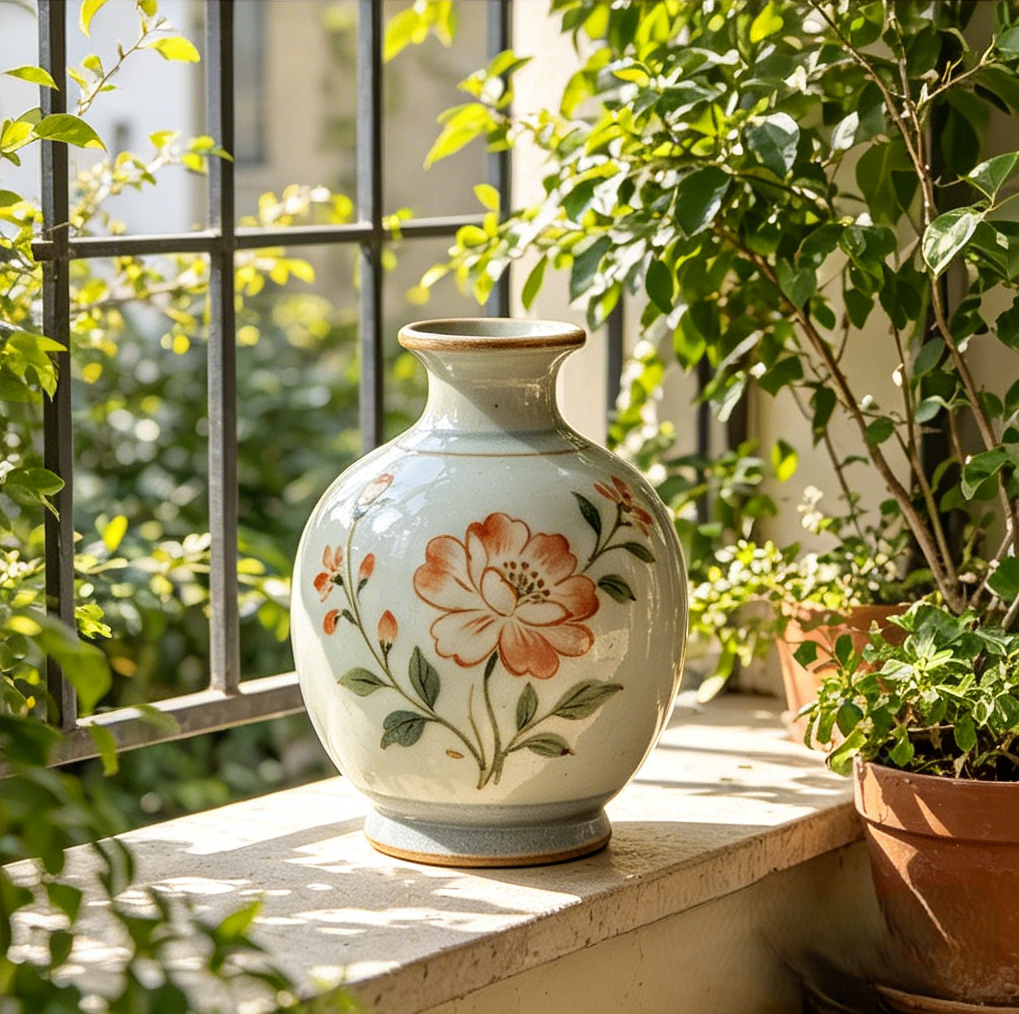 Vintage Hand Painted Floral Celadon Ceramic Vase