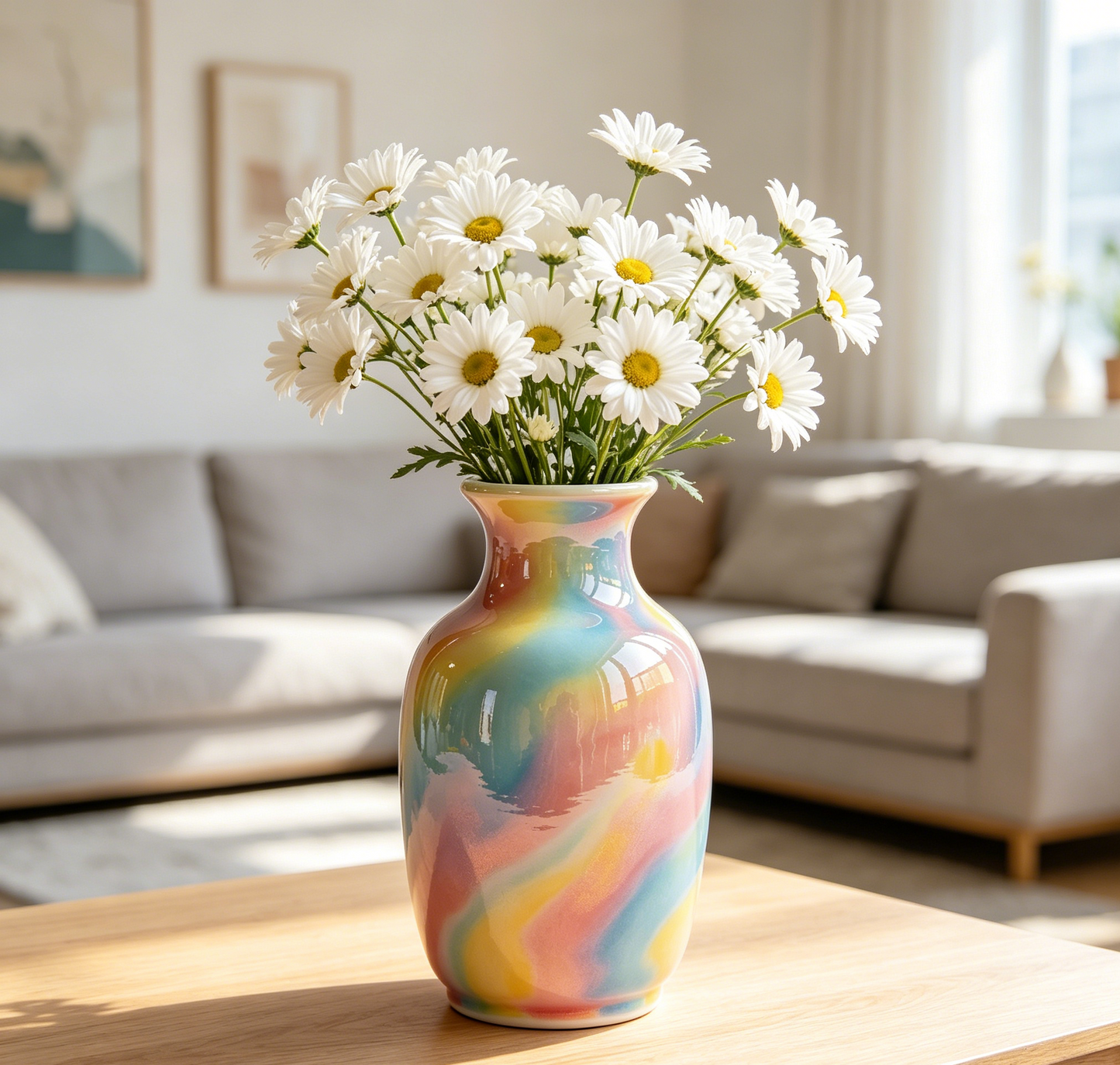 Rainbow Swirl Glaze Glossy Ceramic Vase