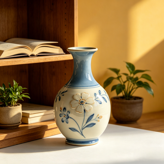 Blue & White Embossed Floral Ceramic Vase