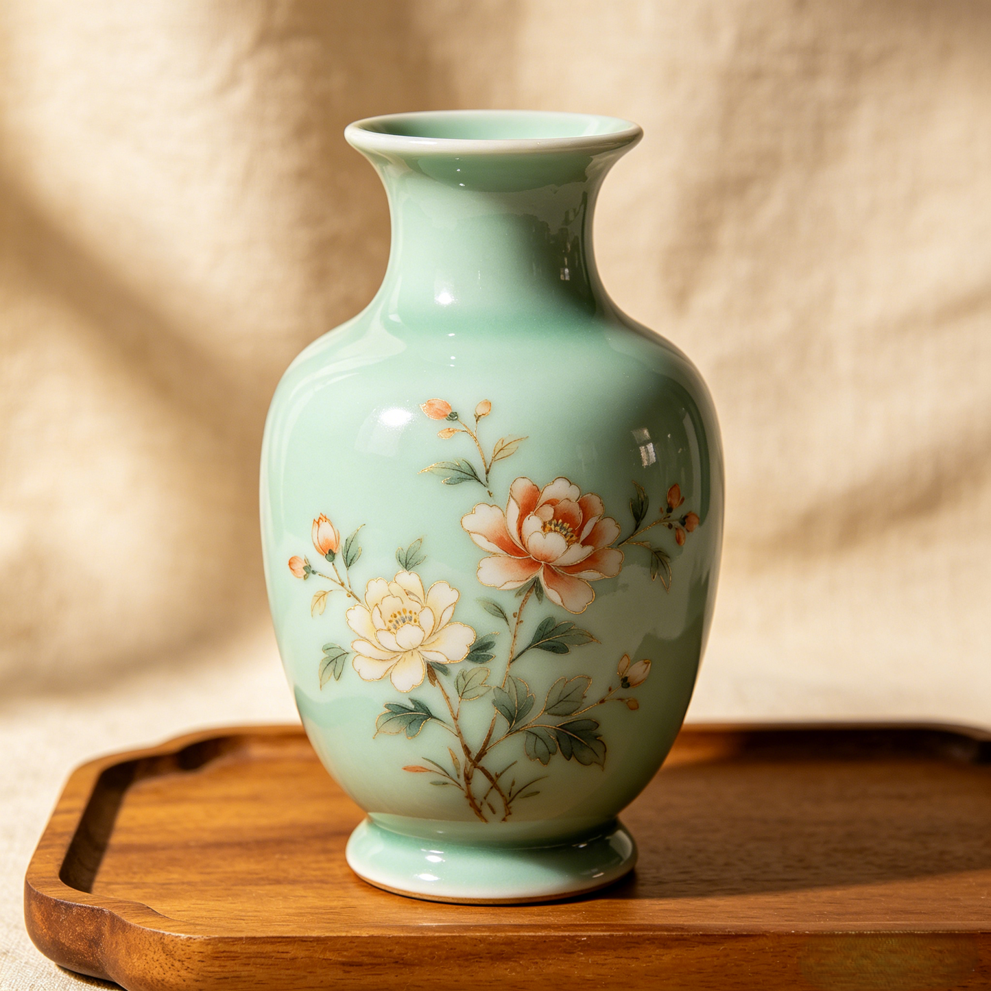 Celadon Hand-Painted Peony Ceramic Vase